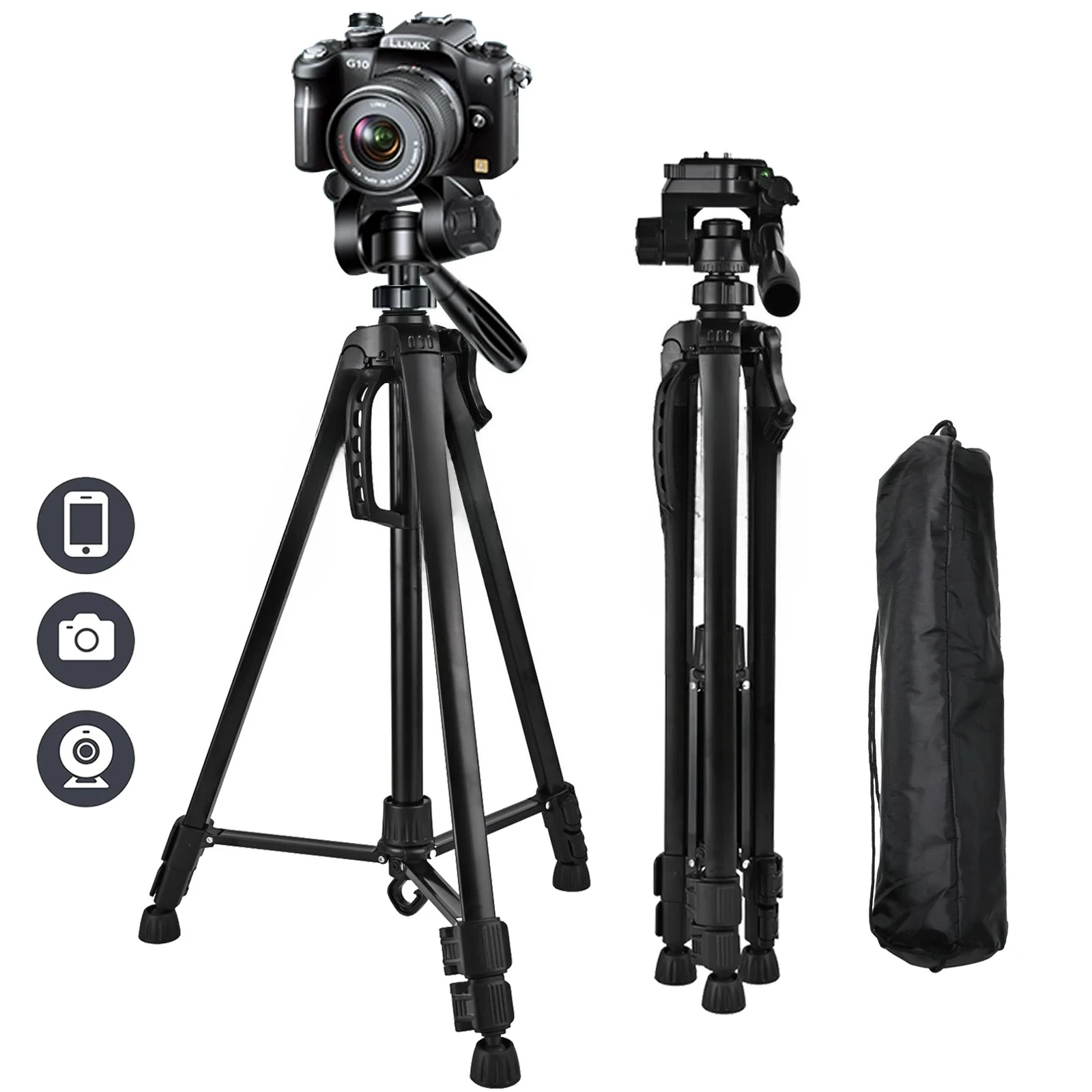 

Phone Travel Self Tripod Aluminum Tall 55” 140CM Stand with Quick Plates Mount Pan Head for Canon Nikon DSLR SLR Digital Camera