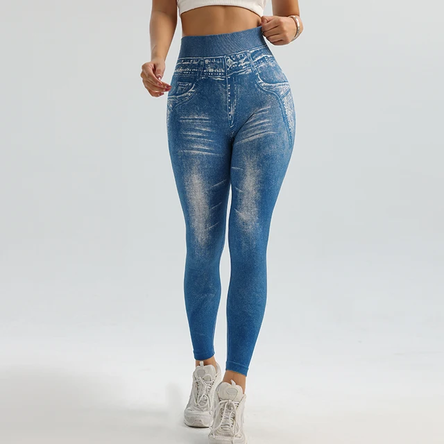 Legginsy damskie do jogi sztuczny jeans spodnie do jogi Stretch wysoki stan lifting bioder dziewięciominutowe spodnie spodnie jeździeckie