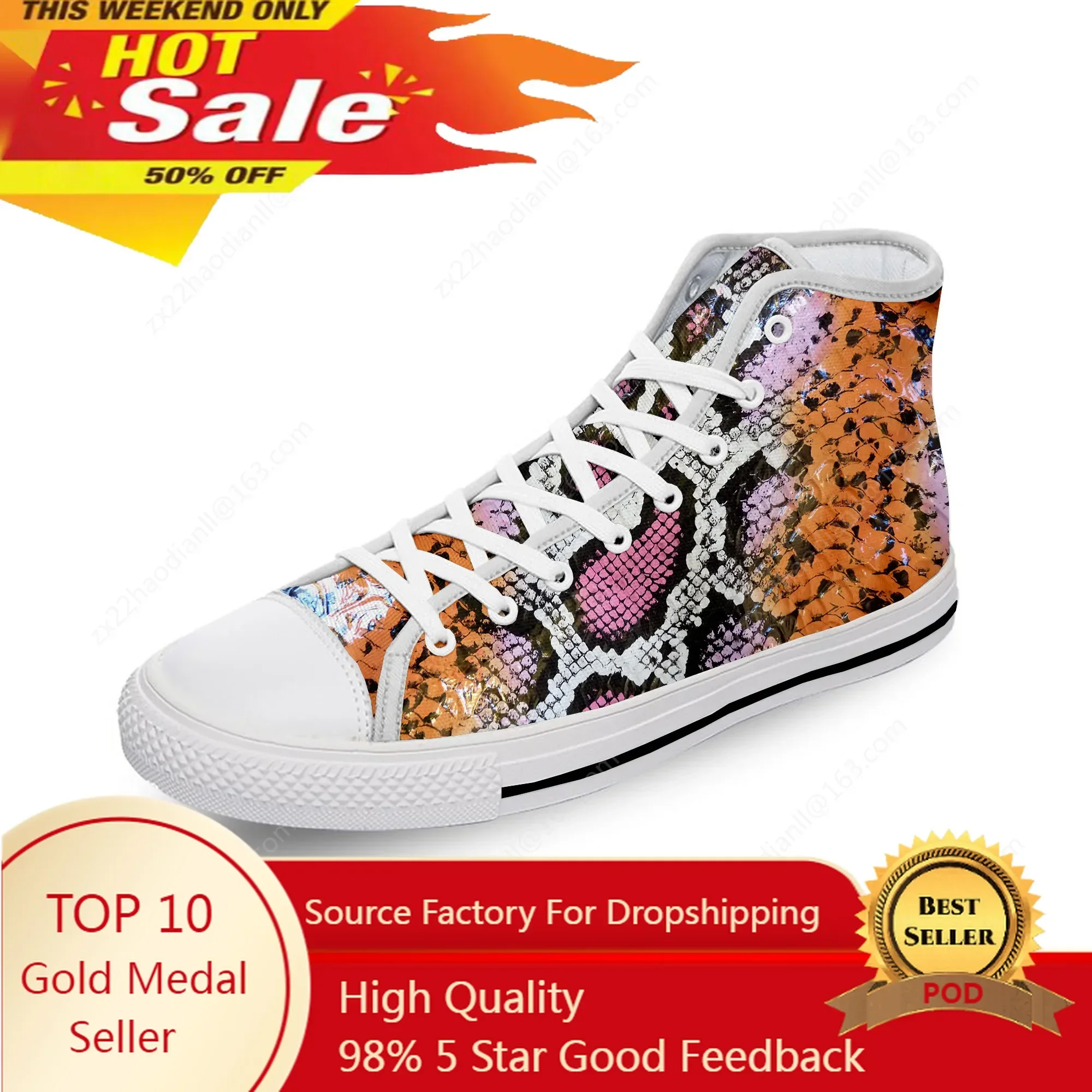 Animal Snake Skin Pattern Cool White Cloth Fashion 3D Print High Top Canvas Shoes Men Women Lightweight Breathable Sneakers