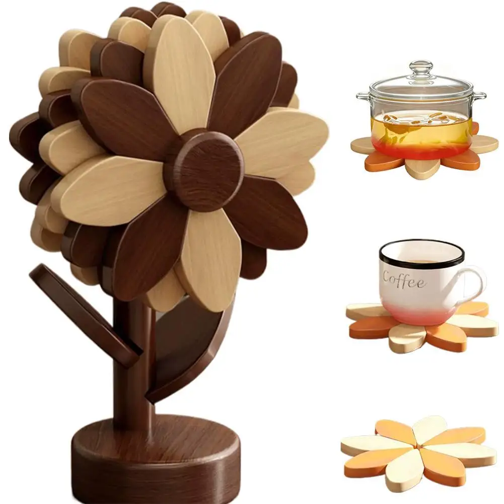 Heat Insulation Placemat Set Creative Wooden Sunflower Coasters with Storage Holder Stand Non-Slip Table Protection