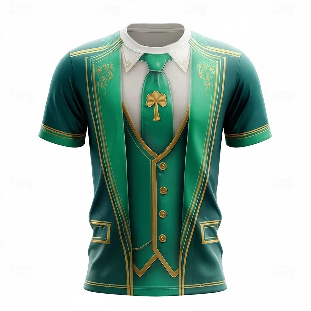 St.Patrick’s Day Fake suit Green 3D Printed Mens Short Sleeve T-Shirt Sports Casual Lucky Clover Tops