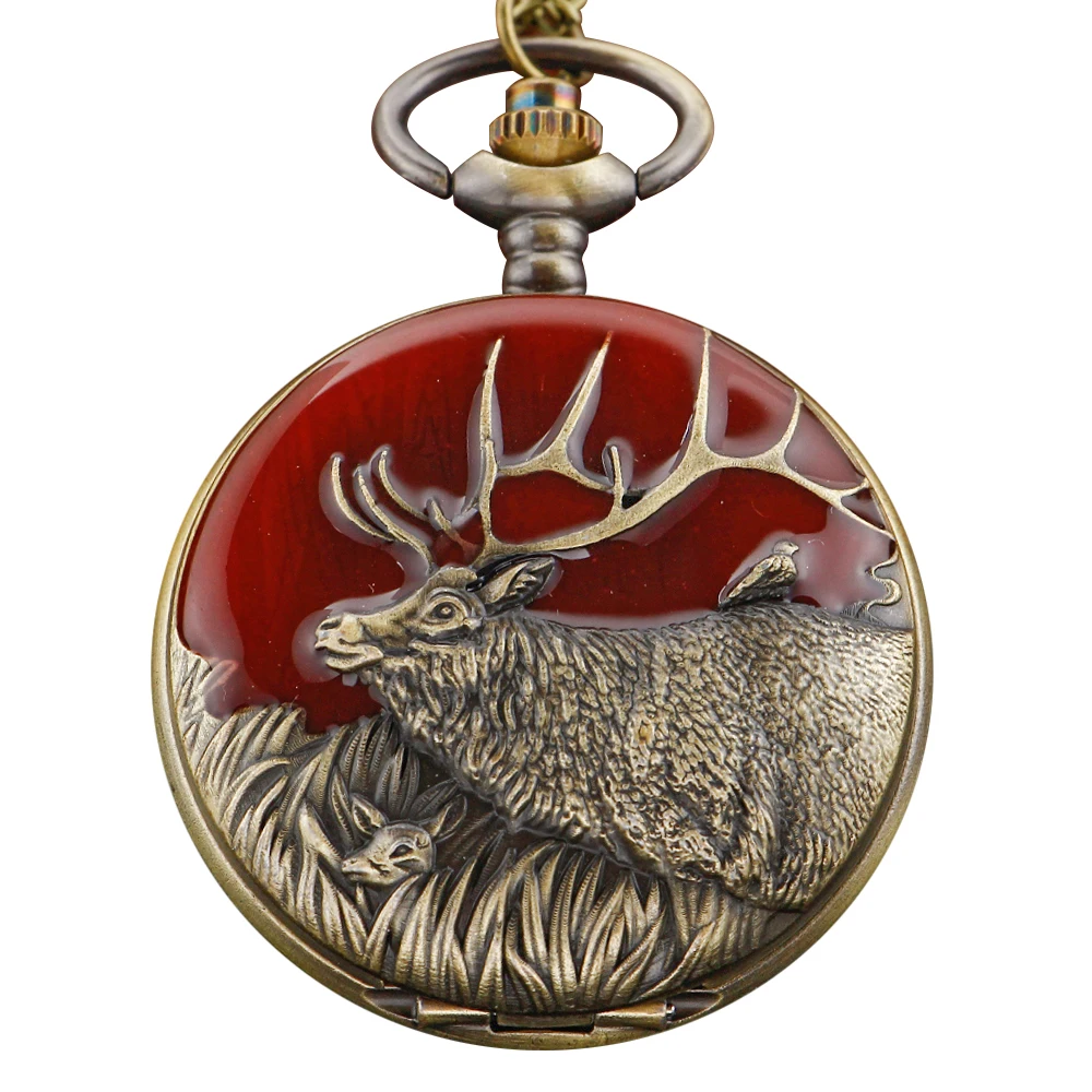 الرجعية الجليدية المراعي الرنة الأحمر الغزلان ساعة جيب كوارتز قلادة قلادة رجل إمرأة طفل ساعة اكسسوارات هدية الكريسماس