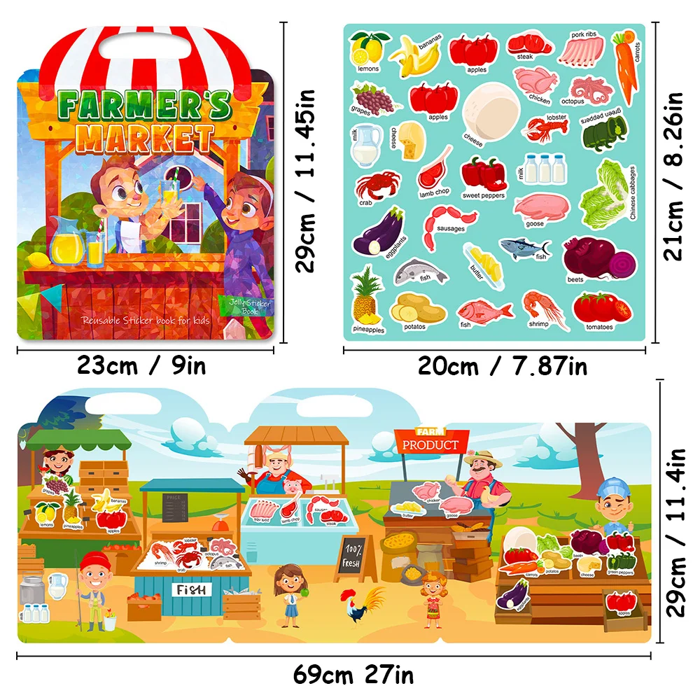 ملصقات جيلي على شكل سوق المزارع ألعاب للأطفال الصغار في مرحلة ما قبل المدرسة التعليمية الإنجليزية الإبداعية القابلة لإعادة الاستخدام ملصق يدوي الصنع كتاب مشغول
