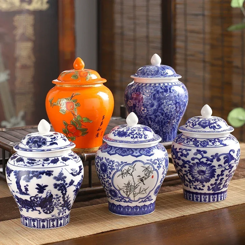 Ceramic Candy Box Blue and White Porcelain Tea Jar  Vintage Moisture Proof Candy Nuts Storage Box Decorative Vase General Jar