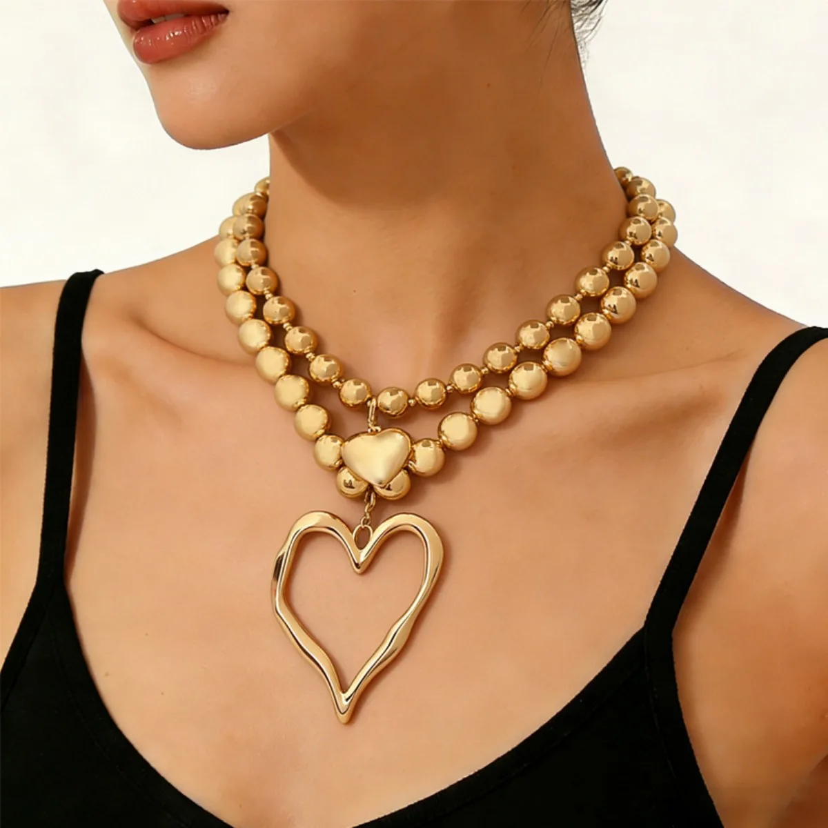 Multi Strand Gold Ball Bead Necklace Hollow Irregular Heart Pendant Bold Retro Statement Jewelry for Women