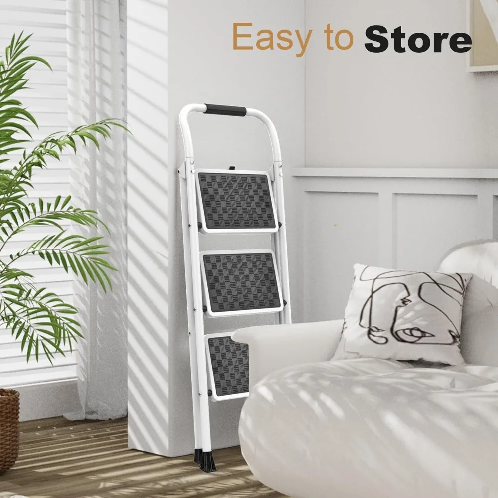 سلم قابل للطي بثلاث خطوات مع دواسة مضادة للانزلاق ومقبض مبطن - تصميم مريح للاستخدام المنزلي