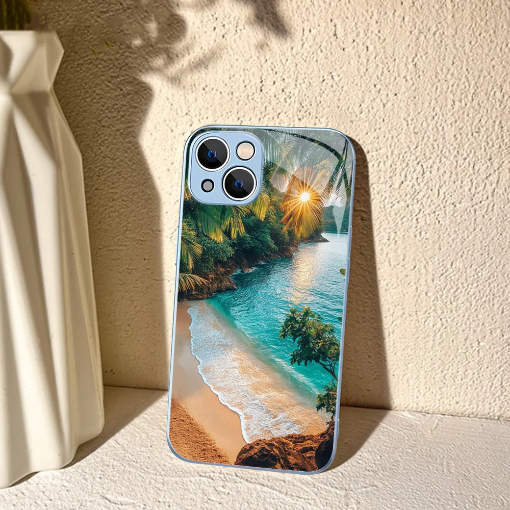 Sea Tropical Palm Trees Beach Phone Case For IPhone 14 13 12 Mini 11 Pro XS Max X XR 14 Plus Tempered Glass Cover