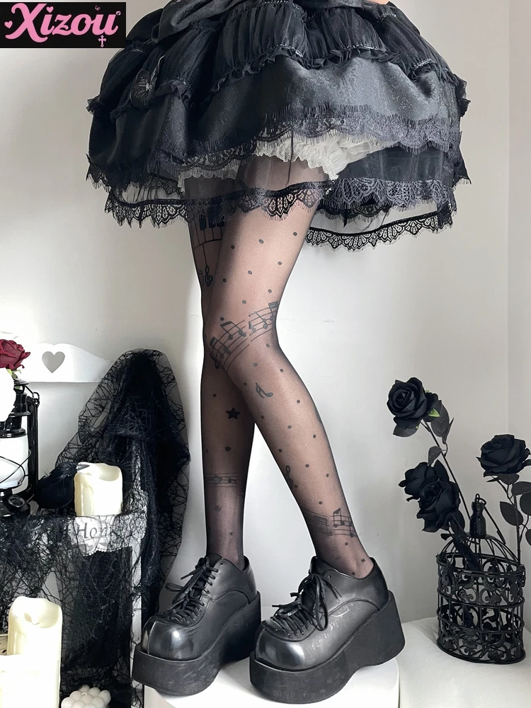 Japanese doll sweet music note stockings pantyhose female autumn thin black music note personality girl lolita stockings women