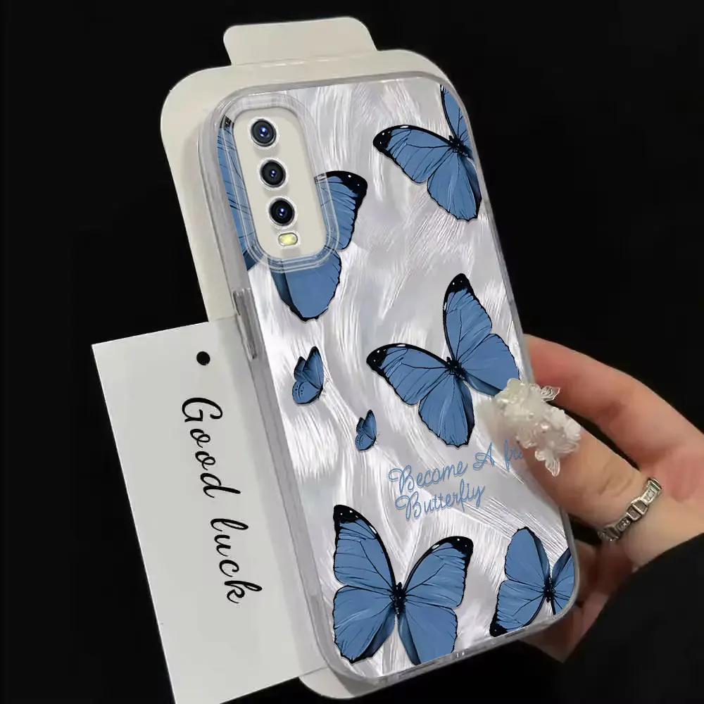 IMD Case For Vivo Y50 Y36 Y35 Y33 Y31 Y30 Y28 Y27 Y22 Y21 Y20 Pink Butterfly Pattern Feather Yarn Soft Phone Cover Fundas