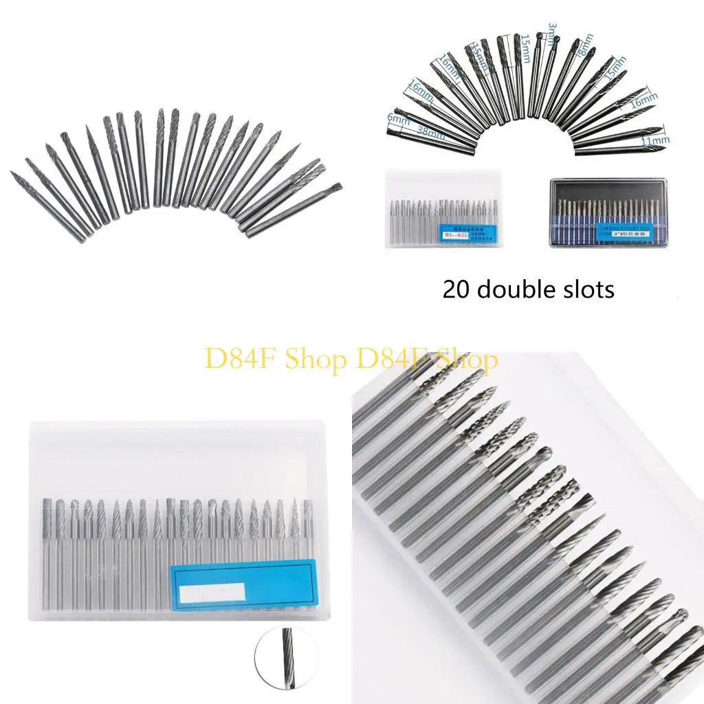 

D84F 20 Pieces 3mm 1/8'' Shank Rotary Burrs Set Steel Engraving Bits Grinder Drill Bit for Auto Carving Woodworking