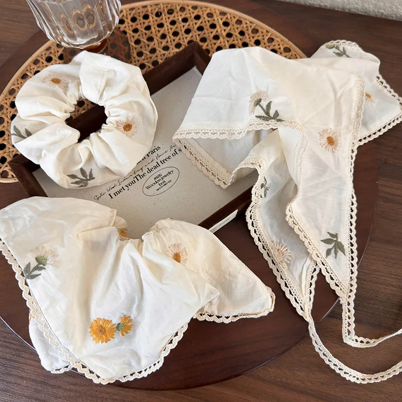 Scrunchie and Bandana Cotton Linen Embroidered Daisy Cream Yellow Boho Floral Vintage Travel Girls Casual Premium