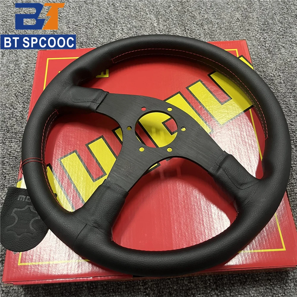 MO T14 Real Leather Steering Wheel 14inch 350mm Italy Style JDM Car Racing Steering Wheel Red Line For  Logo