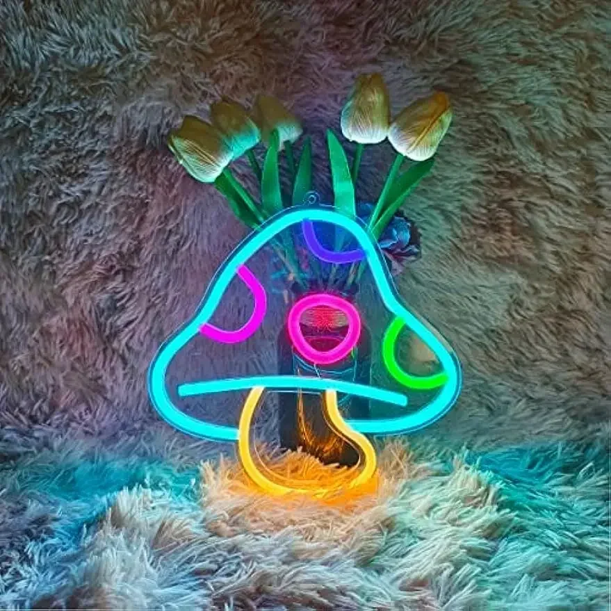 Mushroom Neon Sign Colorful LED Wall Art Cute Smiley Face Glow USB Powered Dimmable Acrylic Lamp Kids Room Party Decor
