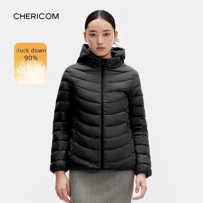 Chericom jaqueta curta quente feminina acolchoada design destacável chapéu fino ajuste inverno leve casacos bufantes quentes y299002y
