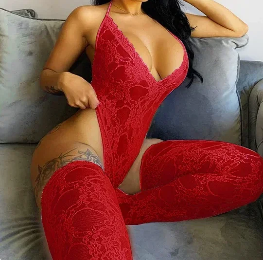 

Women's Sexy Lace Bodysuit Sleeveless See-through Backless Deep V-neck Skinny Halter Jumpsuit with Socks Female New Style