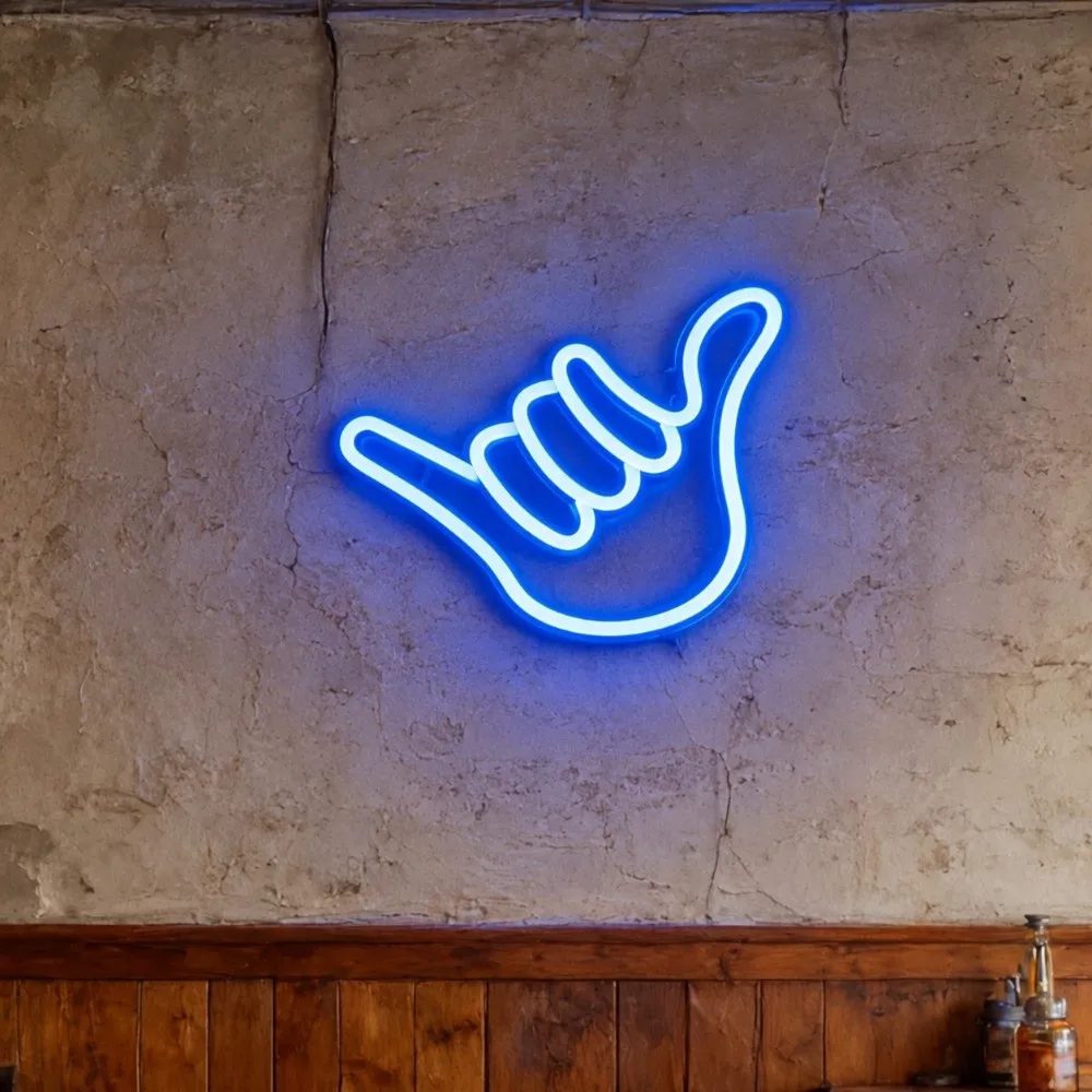 Stylish Hand Shape Finger Neon Sign Blue Light USB Battery Powered Neon Lamp Hand Gesture Wall Mounted LED Neon Light Lounge