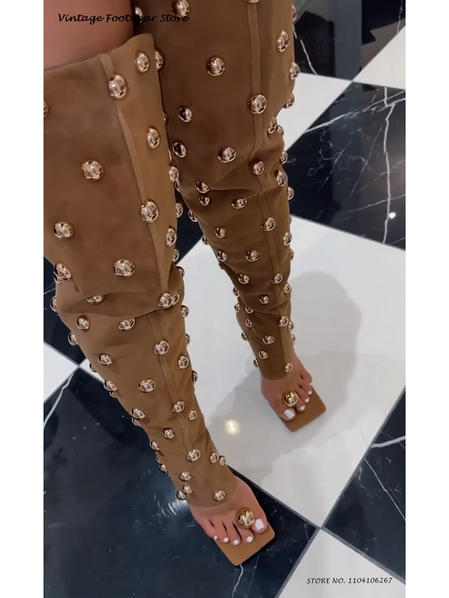 

Studded Clip Toe Thigh High Boots Vintage Denim Spring Summer Over-the-knee Boots Square Toe Thin Heels Casual Women's Shoes
