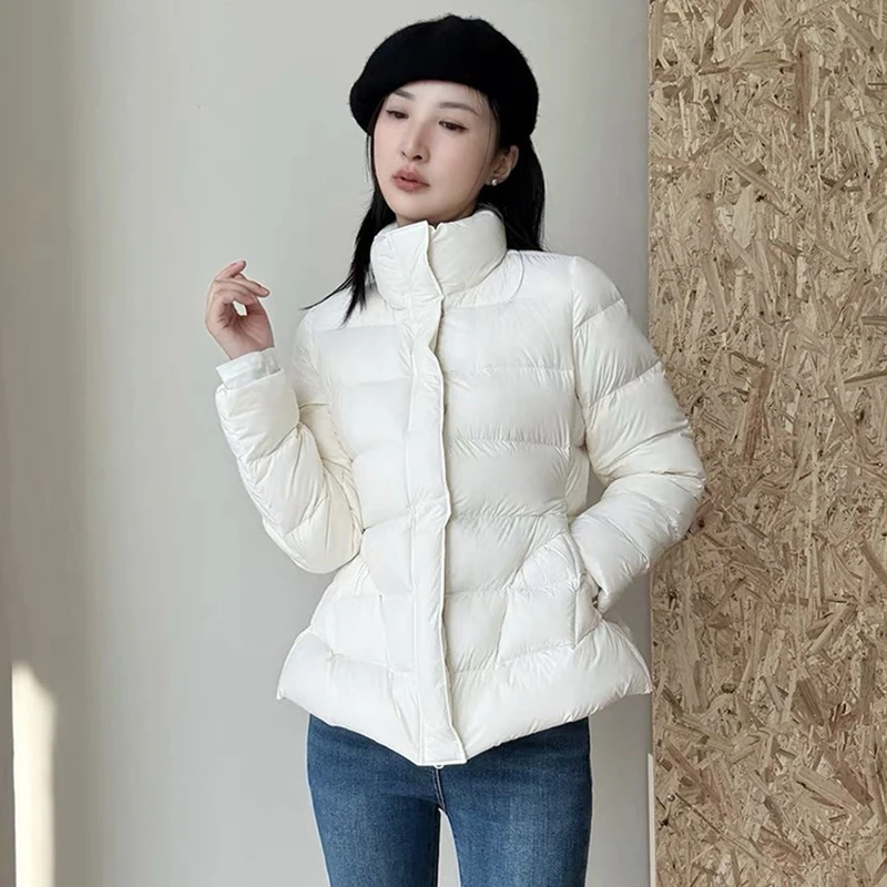 

Зимний короткий тонкий пуховик с воротником-стойкой, женский белый утиный пух на молнии, теплая парка, верхняя одежда, женские пуховые утепленные куртки с карманами