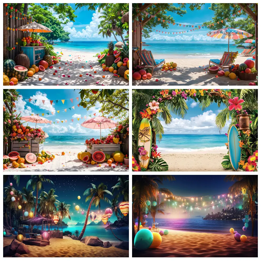 pano-de-fundo-fotografico-de-praia-de-verao-havaiano-beira-mar-sol-palmeira-tenda-frutas-tropicais-feriado-festa-foto-decoracao-de-fundo