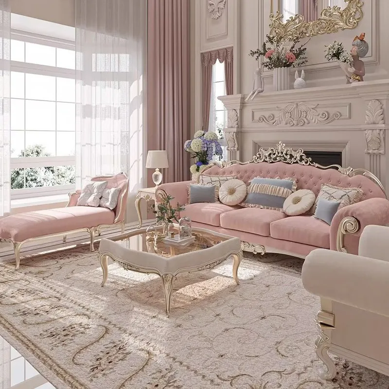 French light luxury solid wood carving flower fabric three-person sofa, neoclassical luxury court living room sofa