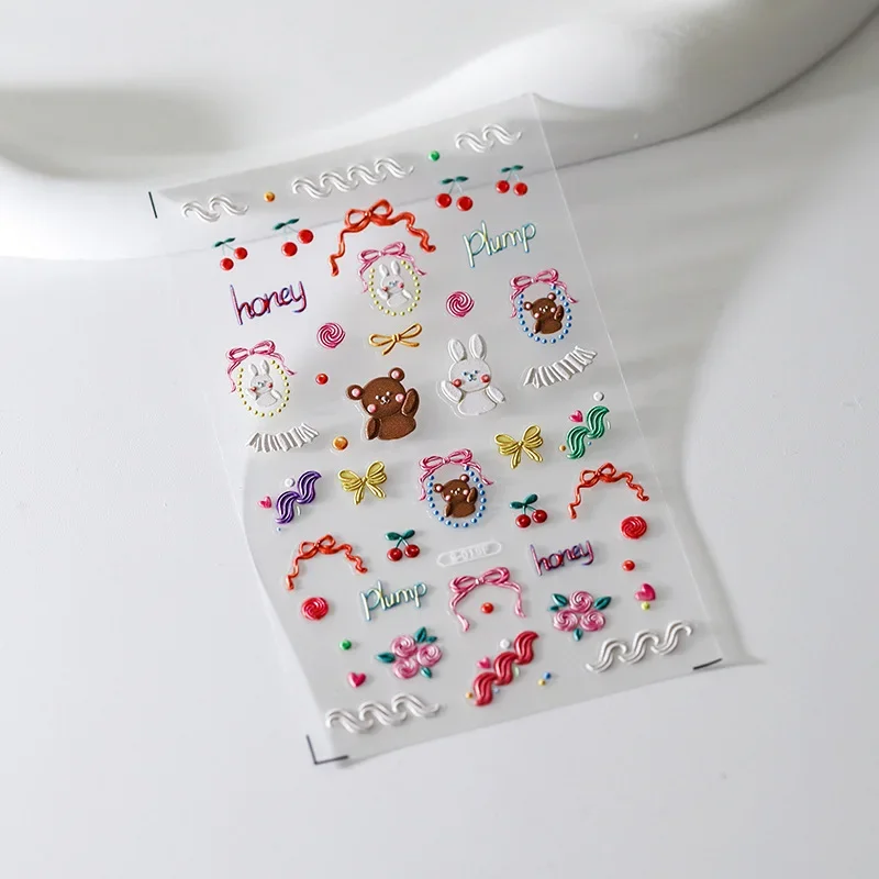 Chinese Mahjong Cartoon Strawberry Bear Rabbit Cute 5D Soft Embossed Reliefs Self Adhesive Nail Art Sticker Mini Manicure Decals