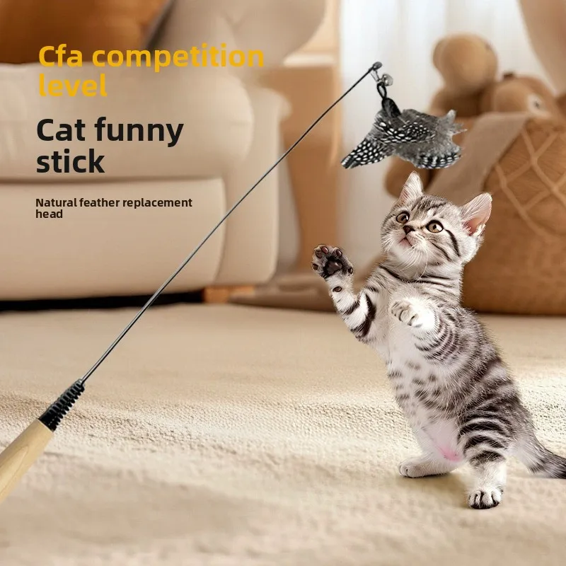 Cat Teaser Wand Toy Durable Wooden Handle Replaceable Feathe