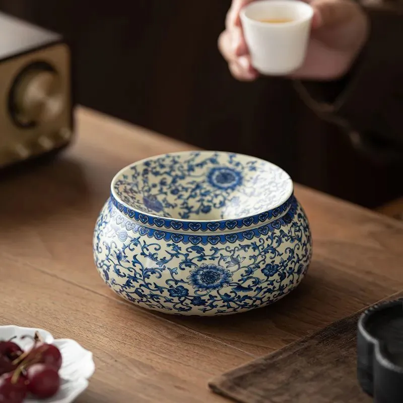 Entangled Lotus Ru Kiln Blue White Tea Residue Jar Home Large Capacity Waste Water Jar Kung Fu Tea Ceremony Accessories ZI372