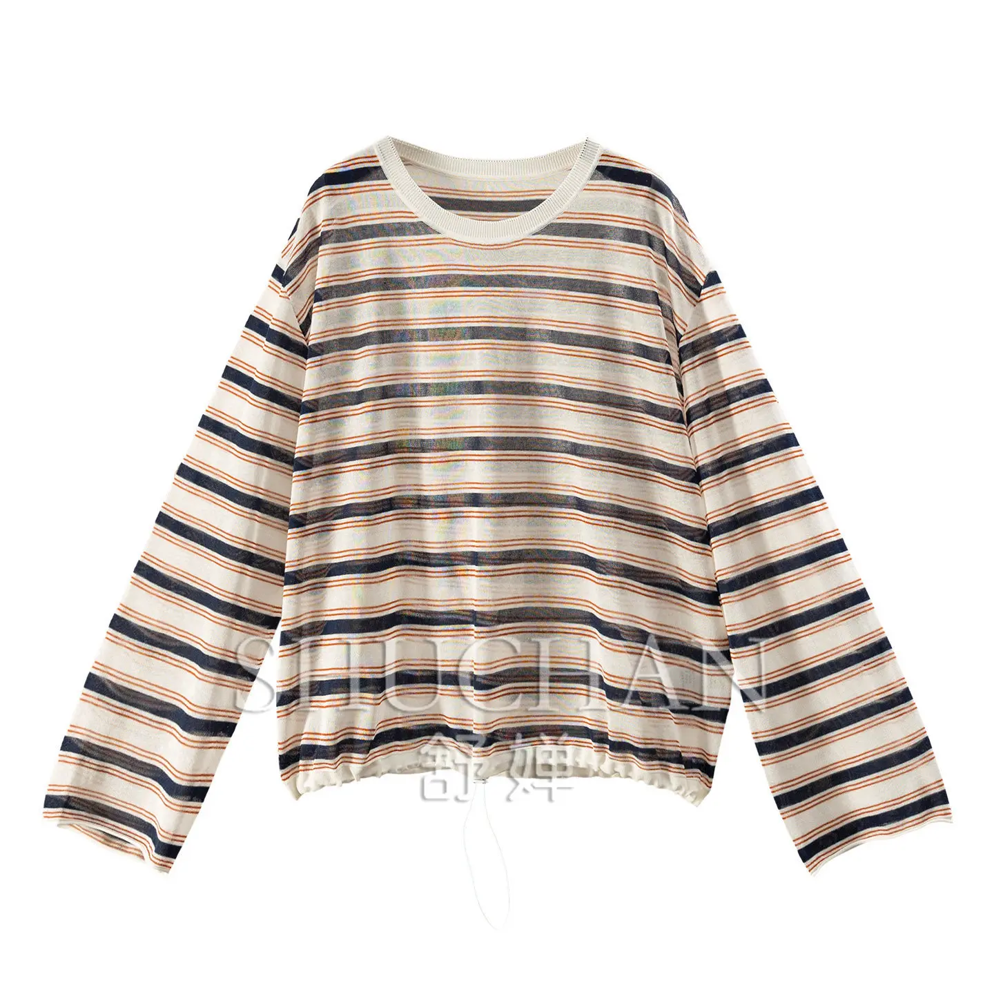 Lazy Tonality T-shirt Mouth and Paper Yarn Contrasting Colors Striped Elastic Pendulum Long-sleeved Knitted T-shirt Women's 58W7