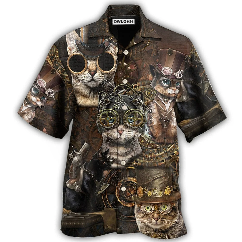 Camisa havaiana com estampa de gato 3D masculina, gola cubana, manga curta, blusa extragrande, moda casual, verão, 2024