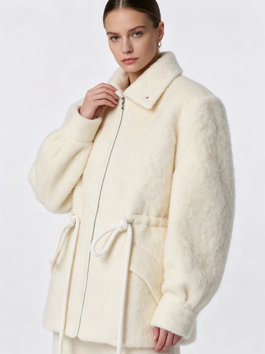 2026 Women  Shaggy Wool Blend Jacket, Lapel Collar Drawstring Waist Zip Up Loose Warm Winter Outerwear Coat