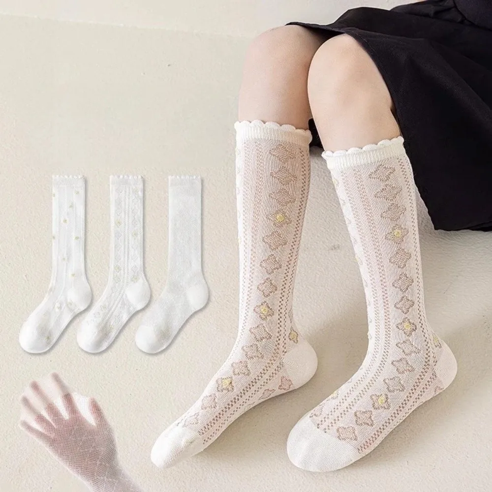 3 Pairs Floral Pattern Knee High Sock White Breathable Mesh Over the Calf Socks Stars Hearts Ruffle Design Long Stockings