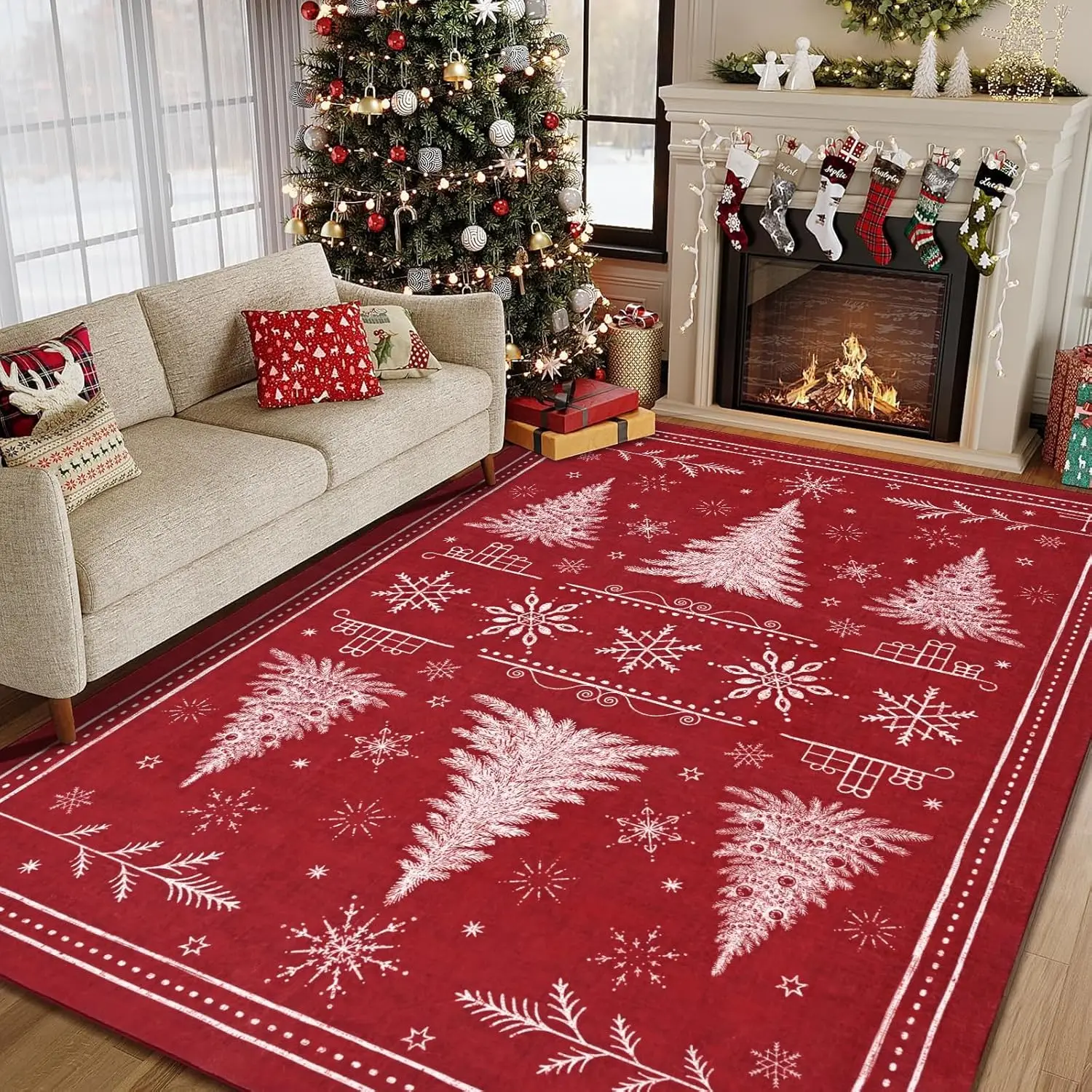 Xmas Tree Washable Rug Non-Slip Rugs for Bedroom, Snowflake Soft Large Floor Carpet for Under Dining Table Kid Room Holiday