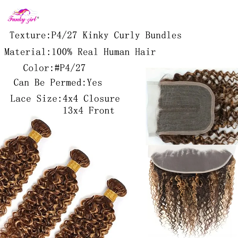 P4/27 Ombre Honey Blonde Kinky Curly Bundles With Closure Transparent Lace Highlight Hair Bundles With Frontal Brazilian Hair