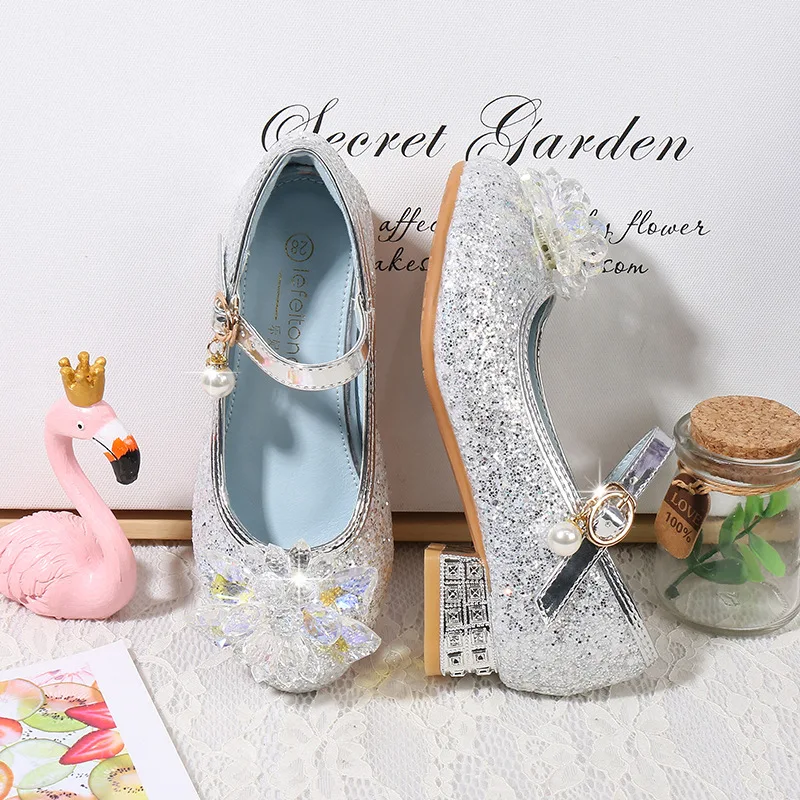 Girls Shoes High Heels 2023 Spring and Autumn New Sequin Leather Little Girl Princess Shoes Fashion Children Crystal Shoes 25-38