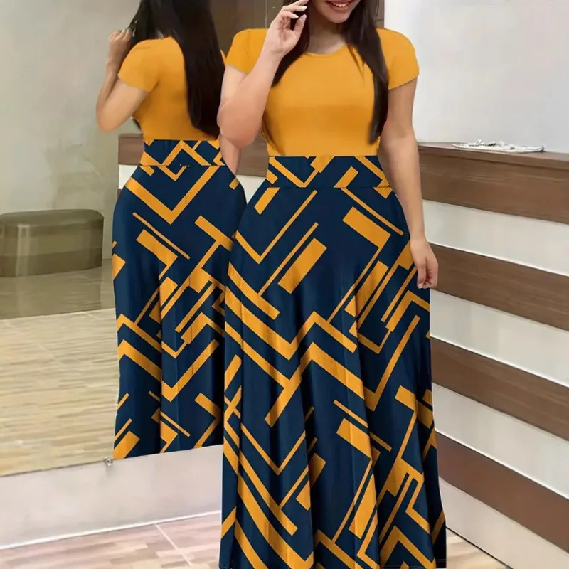 

Bold European American Style Floral Print Color Block Short Sleeve Plus Size Dress Women Fashion Casual Comfortable Trendy