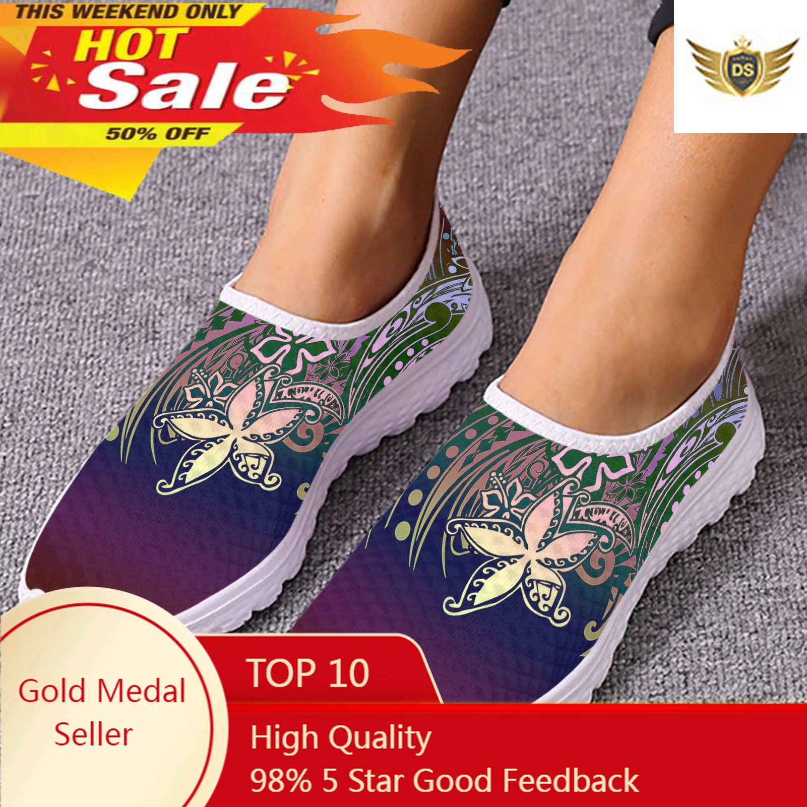 

Tribal Polynesian Plumeria Flower Prints Flat Shoes For Women Light Slip-on Casual Loafers Summer Cool Mesh Sneakers