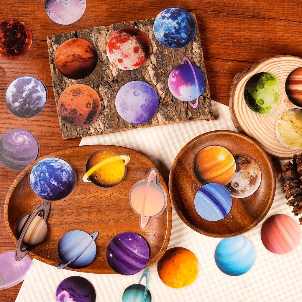 56Pcs Colorful Outer Space Planet Transparent PET Stickers, Stunning Cosmic Decals for DIY Decor Golden Memory Stickers Store