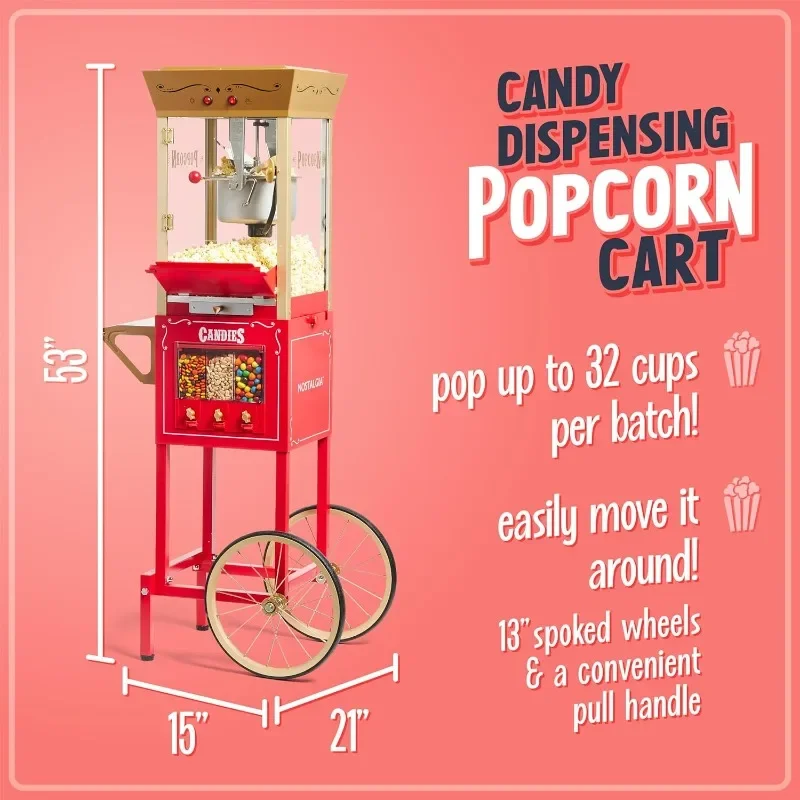 Nostalgia Vintage 8 Ounce Professional Popcorn Cart Makes Up to 32 Cups, Three Storage Candy & Kernel Dispenser Also for Nuts