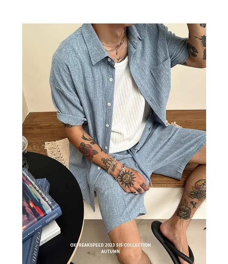 Chemise d'été à manches courtes pour hommes, Texture plissée, tendance, coupe ample, Premium