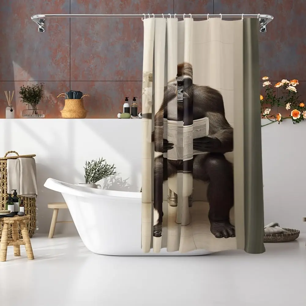 Gorilla Toilet Newspaper Shower Curtain Funny Animal Print for Bathroom Decor