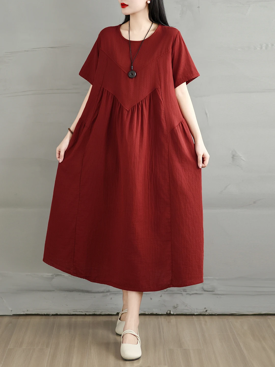 

Retro Cotton round Neck Short Sleeve Dress Women Loose plus Size Slimming A-Line Midi Dress City Walk High Waist Spring Summer