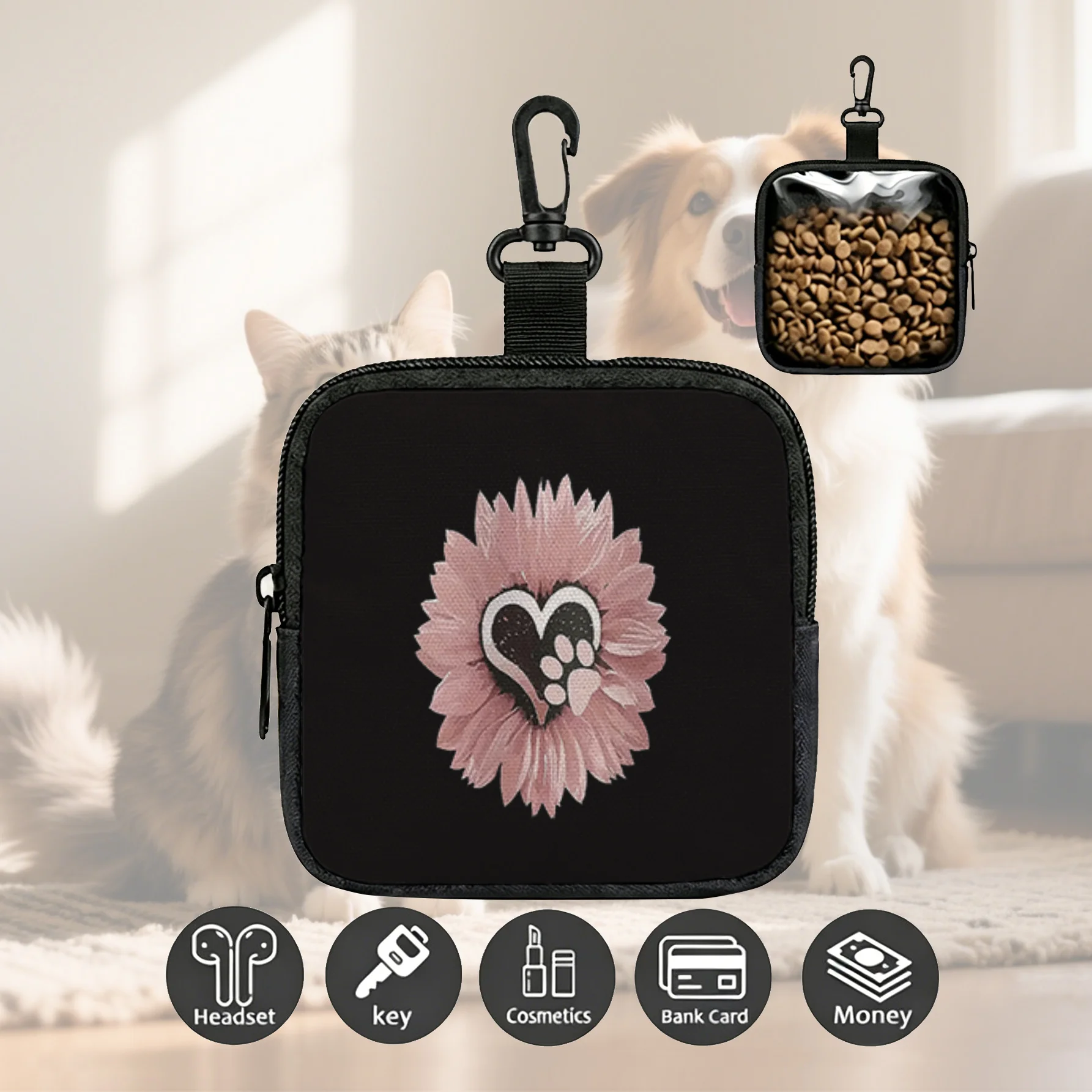 Bolsa para Petiscos de Cachorro com Estampa de Pata de Girassol Rosa, Bolsa Portátil para Treinamento de Animais de Estimação para Passeios