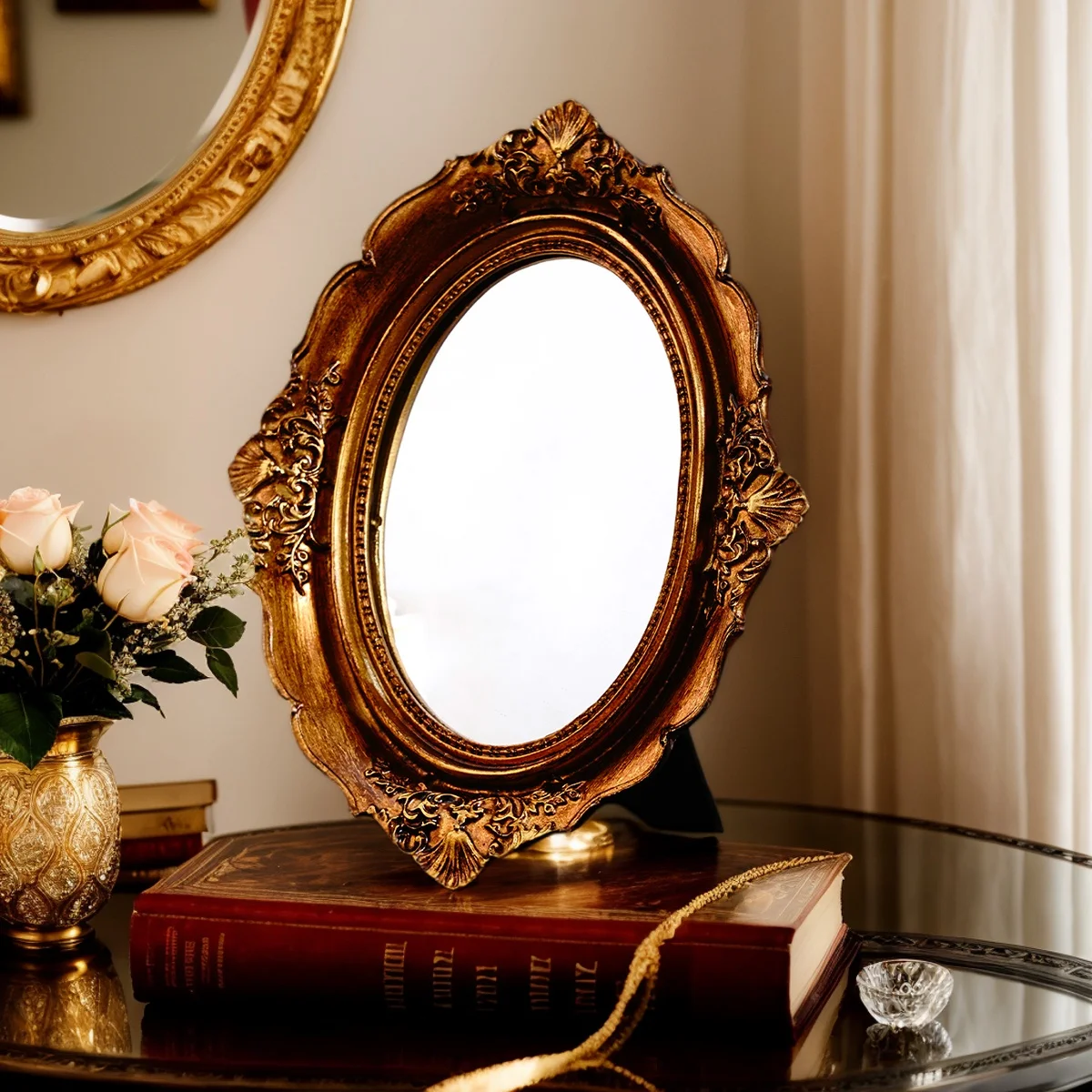 1 unidad, un artículo decorativo tipo espejo ovalado de color cobre antiguo clásico de estilo europeo hecho de resina