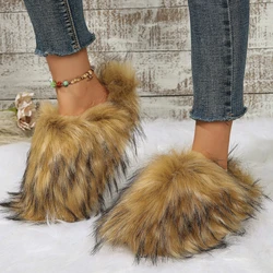 Fluffy Faux Raccoon Fur Slippers Women Flat Home Warm Furry Slides Oversize Fur Heart