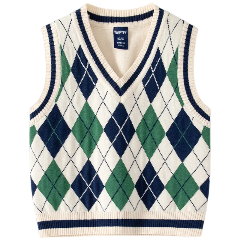 2023 Ins New Fashion Boys Sweater Vest Children Autumn Winter Vest Knit Sweater Plaid Boys Vest