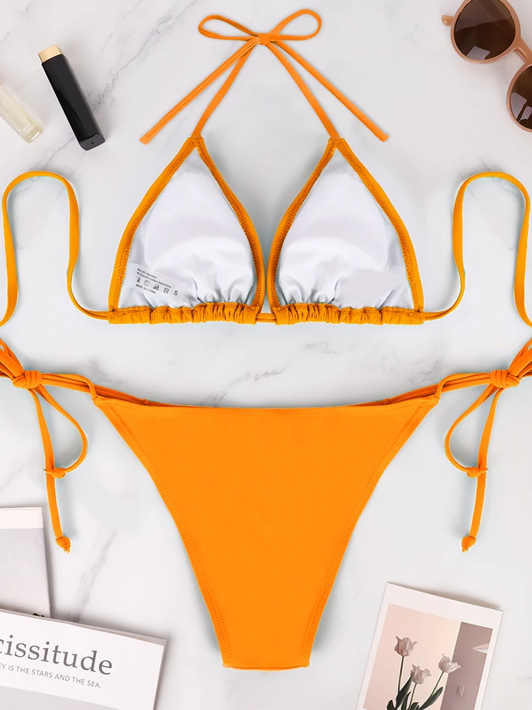 Women's Sexy Bikini Set Summer Beach Vacation Style Solid Color Women's Hanging Neck Exposed Back Lace Up Bikini Swimsuit Suit