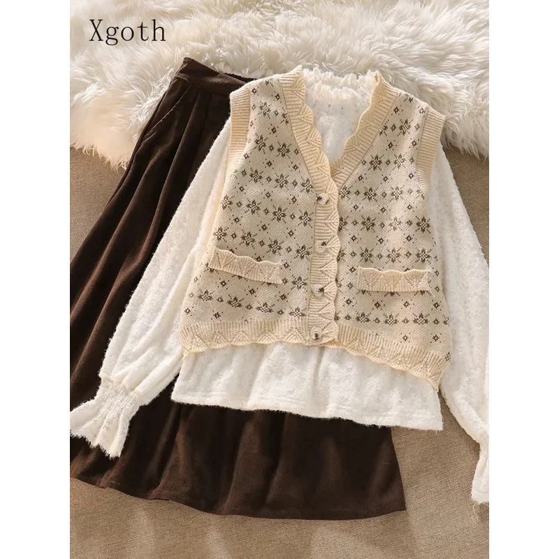 

Xgoth Women 3 Pieces Sets Long Sleeves Knitted Shirt Vintage Vest Midi Skirt 2022 Spring Korean Style Women's Suits Clothes