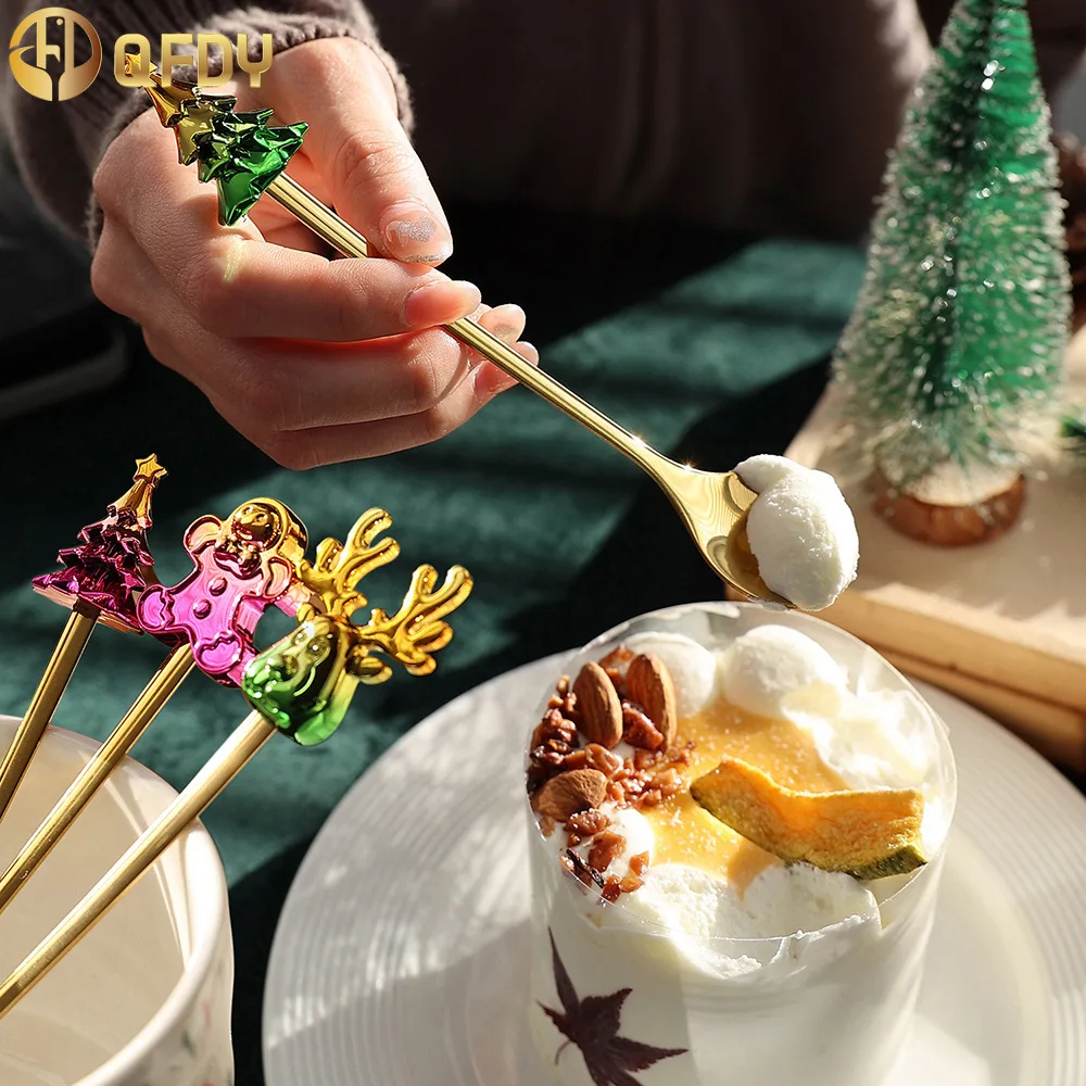 New Colorful Christmas Spoon Cartoon Cute Christmas Spoon Fork Doll Coffee Spoon Dessert Fork Gift Set Stainless Steel Tableware