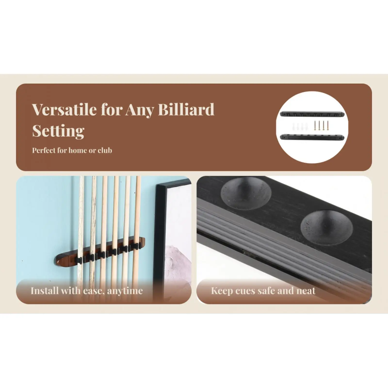 

Wall Billiard Cues Holder Wooden Anti-slip Stick Rack with Mounting Hardware for Pool Bars Clubs and Game Rooms