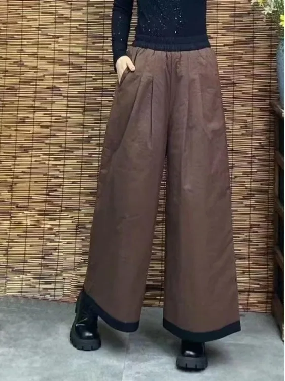 Thiened Wide Leg Pants Women's Loose Fce Elastic Waist Cotton Pants Floral Casual Trousers Ethnic Sle Autumn Winter Ne...